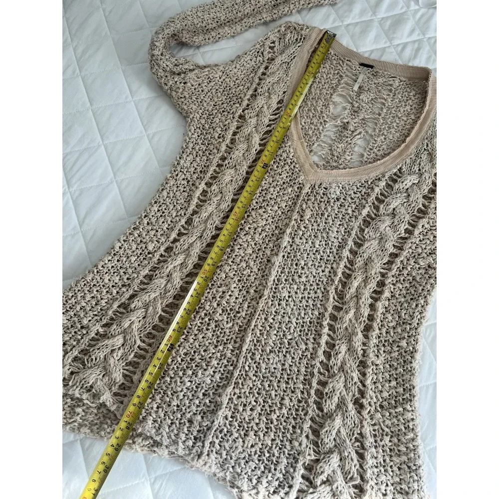 Free People Boho Open Knit Sweater Beige V Neck Beachy Crochet Coastal Top Sz XS